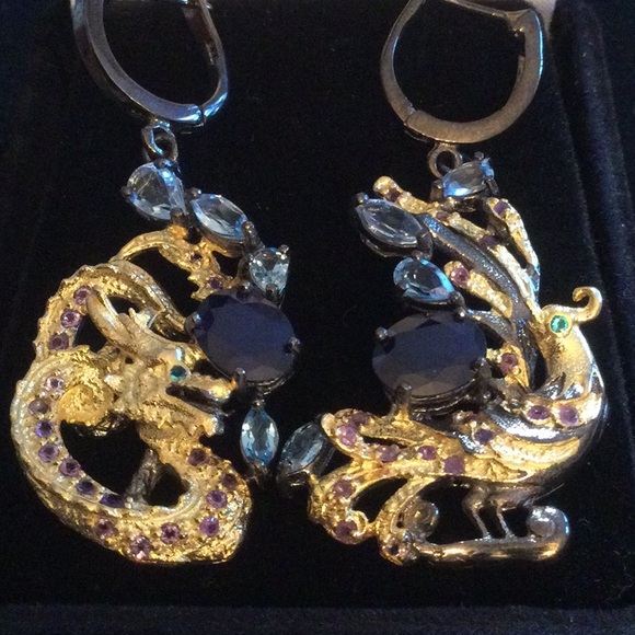 Atlanta Gem & Mineral Show Jewelry - Unique Genuine Sapphire Dragon & Phoenix Earrings